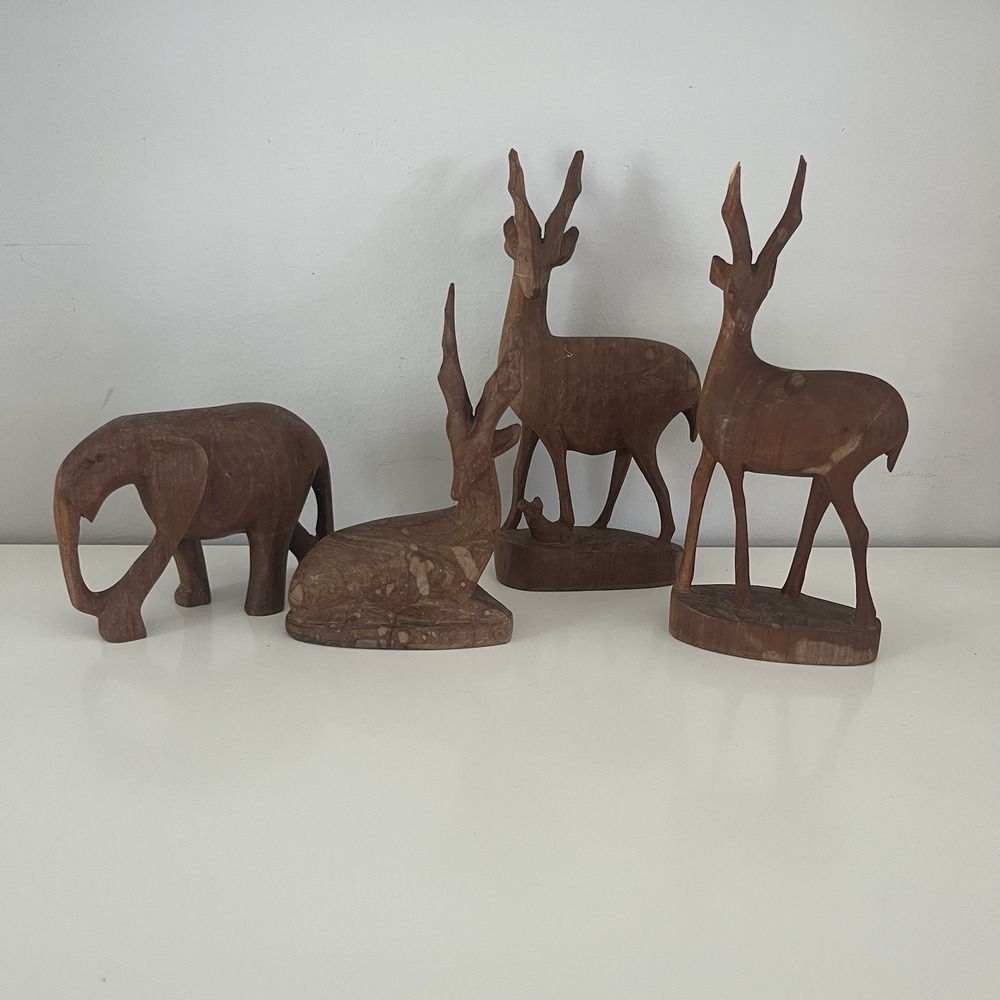 Hand Carved Solid Teak Wood African Safari Animal Figurines Gazelle MCM *READ